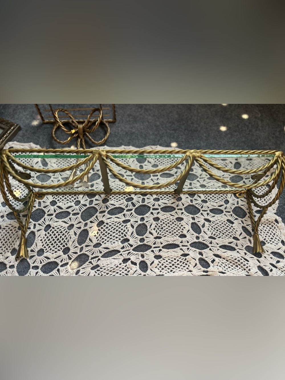 Brass Glass Braided Rope Shelf
Hollywood Regency MCM
1970s Wall Display Shelf VG